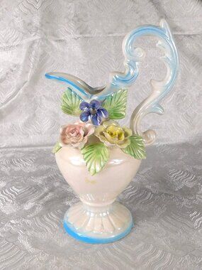 Blue and White Ceramic Pitcher with Three Dimensional Flowers # 27654